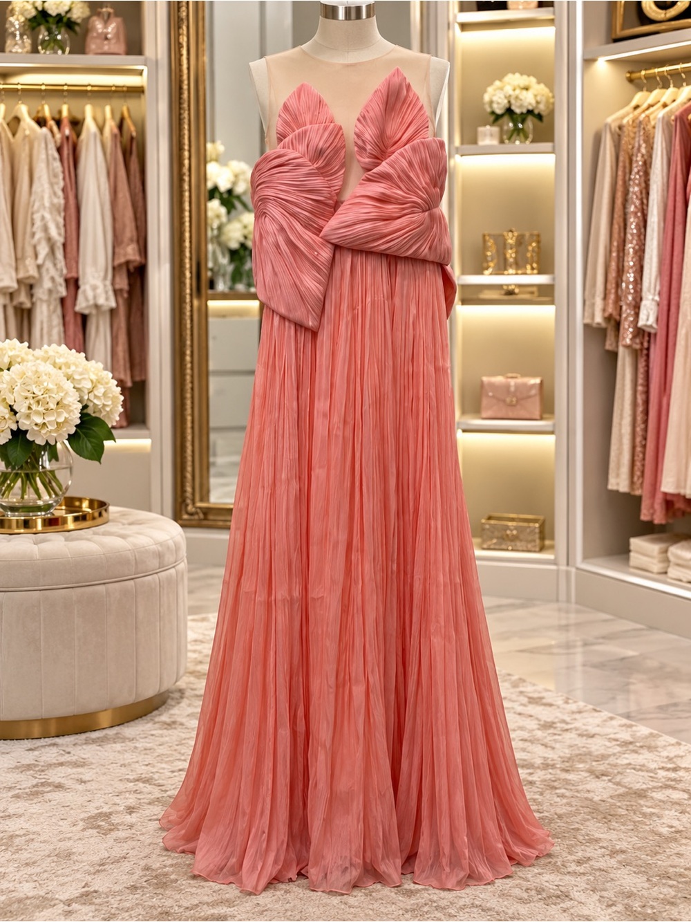 MISS ROSIER Elegant Coral Pink Pleated Evening Gown Size S
